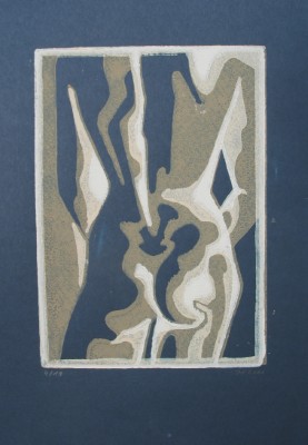 Linoldruck auf Papier mit abstrakter Darstellung Aktes in Blau, Ocker und Gelb